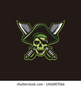 pirates skull design with cross sword for logo badge sign design e sport team football, basket, sport mascot