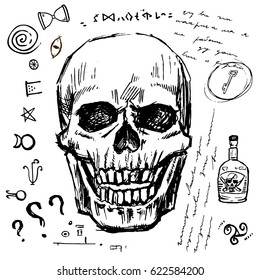 Pirates skull hand drawn vector set. Isolated piratical adventure attributes: key and rum, mysterious symbols, runes.