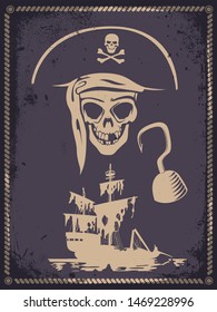 Pirate's Skull, Hook and Shipwreck Illustration, Grunge Texture Background