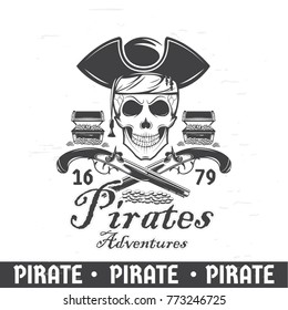 pirates, skull with treasures, skull icon, vector illustration, emblems . Pirate prints on T-shirts