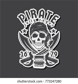 pirates, skull with treasures, skull icon, vector illustration, emblems . Pirate prints on T-shirts