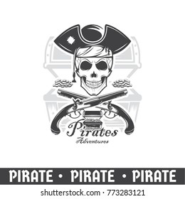 pirates, skull with treasures, skull icon, vector illustration, emblems .