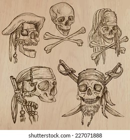 Pirates - Skulls collection. Collection of an hand drawn illustrations. Description: Each drawing comprise of three layer of outlines, the colored background is isolated.