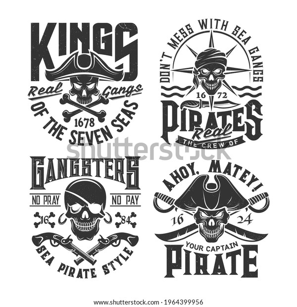Pirates skulls with weapons t-shirt print\
template. Corsairs Jolly Roger flag symbols, apparel vector print\
with filibuster, privateer skulls, pistols and swords, crossed\
bones and vintage\
typography
