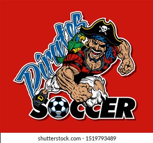 pirates soccer team design with mascot kicking ball for school, college or league