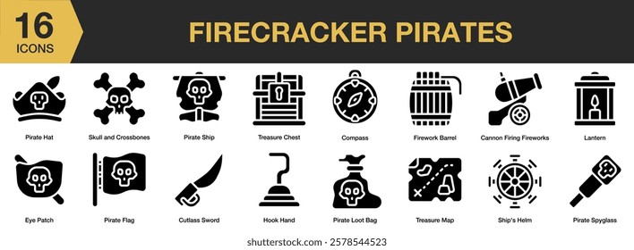 Pirates solid icon set. Includes pirate, sea, adventure, ship, boat, treasure, and More. Solid icons vector collection.