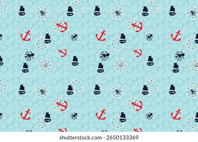 Tema piratas com peixe estrela flutuante, krakens com textura de água padrão sem costura para crianças projetos de vela, papel de parede, tecido, embalagem