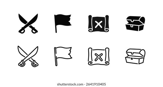 Pirates theme icons in flat and outline vector style. Adventure, treasure, and pirate symbol set.