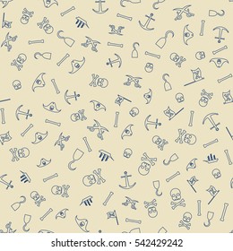 Pirates Themed Freehand Drawings Seamless Pattern. Hand Drawn Pirate Elements Background. Ship, Skull, Hook, Anchor, Bones, Flag, Saber.