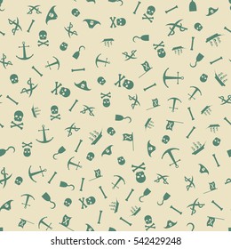 Pirates Themed Freehand Drawings Seamless Pattern. Hand Drawn Pirate Elements Background. Ship, Skull, Hook, Anchor, Bones, Flag, Saber.