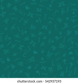 Pirates Themed Freehand Drawings Seamless Pattern. Hand Drawn Pirate Elements Background. Ship, Skull, Hook, Anchor, Bones, Flag, Saber.