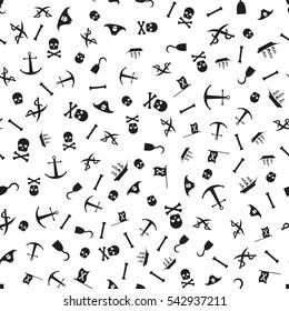 Pirates Themed Freehand Drawings Seamless Pattern. Hand Drawn Pirate Elements Background. Ship, Skull, Hook, Anchor, Bones, Flag, Saber. Pirate Backdrop. Pirate ship. Pirates Background. Pirate.