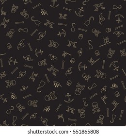Pirates Themed Freehand Drawings Seamless Pattern. Hand Drawn Pirate Elements Background. Ship, Skull, Hook, Anchor, Bones, Flag, Saber.