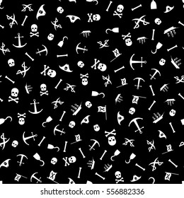 Pirates Themed Freehand Drawings Seamless Pattern. Hand Drawn Pirate Elements Background. Ship, Skull, Hook, Anchor, Bones, Flag, Saber.