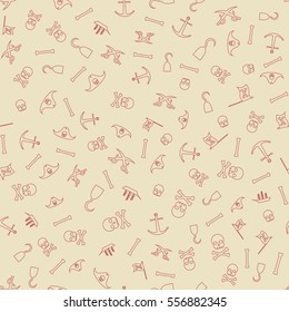 Pirates Themed Freehand Drawings Seamless Pattern. Hand Drawn Pirate Elements Background. Ship, Skull, Hook, Anchor, Bones, Flag, Saber.
