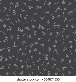 Pirates Themed Freehand Drawings Seamless Pattern. Hand Drawn Pirate Elements Background. Ship, Skull, Hook, Anchor, Bones, Flag, Saber.