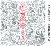 Pirates themed freehand drawings set. Symbols of piracy - hat, swords, guns, treasure chest, ship, black flag, jolly roger emblem, skull and crossbones, compass, costume elements. 