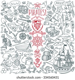 Pirates themed freehand drawings set. Symbols of piracy - hat, swords, guns, treasure chest, ship, black flag, jolly roger emblem, skull and crossbones, compass, costume elements. 