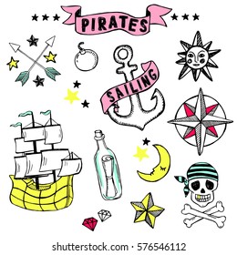 Pirates themed hand drawn set. Stylish doodle design elements. Sketch maritime characters. Cartoon icons isolated on a white background. Yo ho ho!