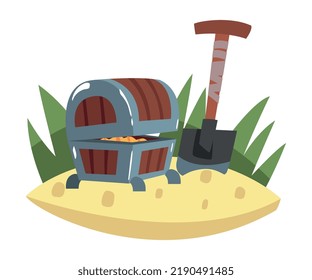 Pirates Treasure Chest with Gold and Shovel Rested in Sand Vector Illustration