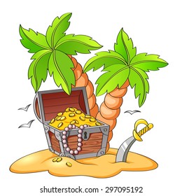 Pirates treasure chest on deserted beach with palm trees