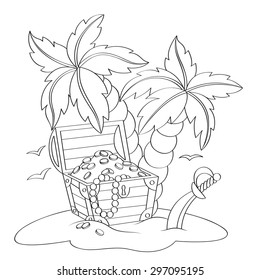 Pirate's Treasure Chest On Deserted Beach With Palm Trees. Black And White Vector Illustration For Coloring Book