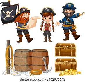 Pirates with treasure chests and nautical items