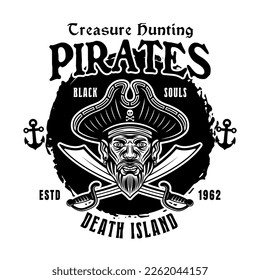 Pirates treasure hunting vector emblem monochrome vintage illustration isolated on white background