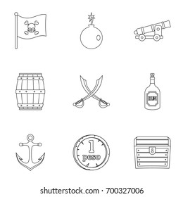 Pirates treasure icon set. Outline set of 9 pirates treasure vector icons for web isolated on white background