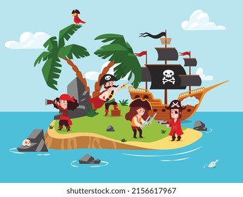 Pirates treasure island background with cute children playing marine adventure. Children pirate party scene or banner layout, cartoon flat vector illustration.