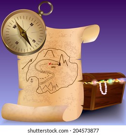 Pirates treasure map and treasure chest with compass vector illustration 