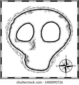 pirates treasure map hand drawn cartoon black ink isolated on white , contour skull shape uninhabited island search gold chest , rose of wind compass north at sea or ocean , vector illustration