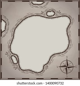 pirates treasure map hand drawn cartoon black ink isolated on white , palms at uninhabited island cross sign way search gold chest , rose of wind compass north at seaor ocean , vector illustration