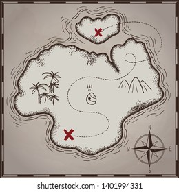 pirates treasure map hand drawn cartoon black ink isolated on white , palms at uninhabited island cross sign way search gold chest , rose of wind compass north at seaor ocean , vector illustration