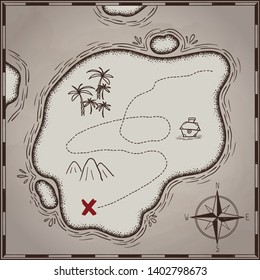 pirates treasure map hand drawn cartoon black ink isolated on white , palms at uninhabited island cross sign way search gold chest , rose of wind compass north at seaor ocean , vector illustration