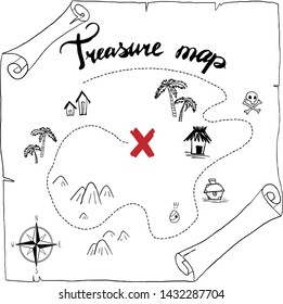 pirates treasure map hand drawn cartoon black ink isolated on white , palms at uninhabited island cross sign way search gold chest , rose of wind compass north at sea or ocean , vector illustration
