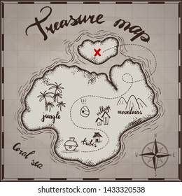 pirates treasure map hand drawn cartoon black ink on old paper texture , palms at uninhabited island cross sign way search gold chest , rose of wind compass north at sea or ocean , vector illustration