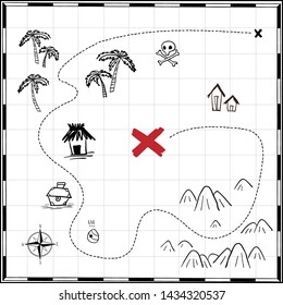 pirates treasure map hand drawn cartoon black ink isolated on white , palms at uninhabited island cross sign way search gold chest , rose of wind compass north at sea or ocean , vector illustration