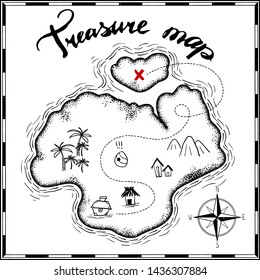 pirates treasure map hand drawn cartoon black ink isolated on white , palms at uninhabited island cross sign way search gold chest , rose of wind compass north at sea or ocean , vector illustration