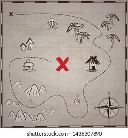 pirates treasure map hand drawn cartoon black ink on old paper texture , palms at uninhabited island cross sign way search gold chest , rose of wind compass north at sea or ocean , vector illustration
