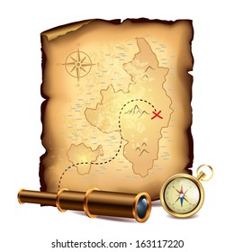 Pirates Treasure Map With Spyglass And Compass Vector Illustration