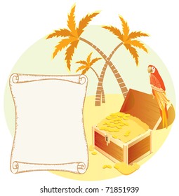 Pirate's treasure with parrot and palms. Vector cartoons