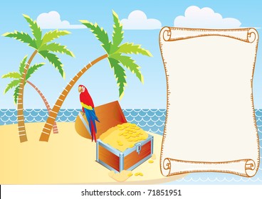 Pirate's treasure with parrot and palms. Vector cartoons background