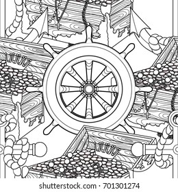 Pirates treasure seamless pattern. Antistress coloring page. Vector illustration