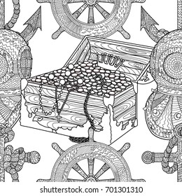 Pirates treasure zentangle seamless pattern. Adult antistress coloring page. Vector illustration