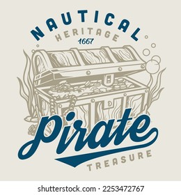 Pirates treasures vintage label colorful chest at bottom sea full gold coins and jewels stolen by marine robbers vector illustration