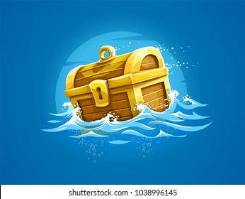 Pirates trunk with treasures and gold floating among waves in ocean. Eps10 vector illustration.