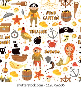 Pirates vector cartoon seamless pattern. Adventures and Pirate party background for Kindergarten. Children Adventure, treasure, pirates, octopus, whale, ship - Kids drawing vector cartoon endless