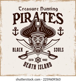 Pirates vector emblem with men head and two crossed sabers in vintage style illustration isolated on background with removable grunge textures