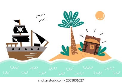 Pirate's  vector illustration in hand drawn style. Treasure hunt concept. Uninhabited island with treasure chest full of gold coins on the beach with palm and pirate ship sailing in the sea. 